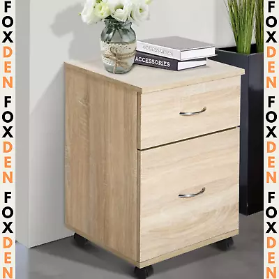 Oak 2 Drawer File Cabinet Pedestal Office Mobile Wooden Storage Office Filing • £49.97