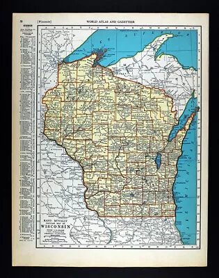 1937 McNally Map Wisconsin Madison Milwaukee Green Bay Apostle Islands Hayward • $11.99