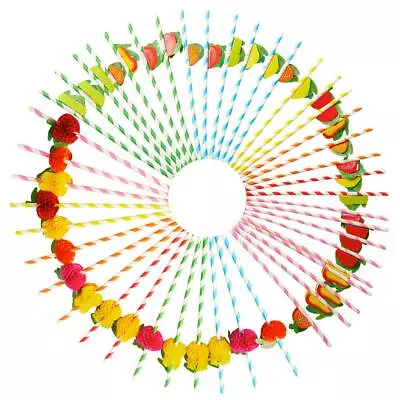 30 Fruit Cocktail Paper Straws Disposable Hawaiian Party Tropical Beach Assorted • £4.49