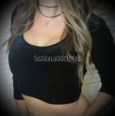 SEXY Black Holiday Crushed Velvet 90's Crop Midriff Stretch Low Cut T-Shirt Top • $11.11