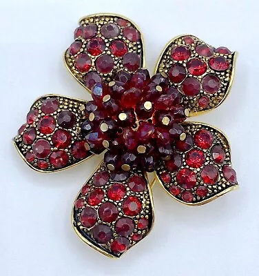 B5-632 Vintage Brooch Gold Tone Pin 2.25  Flower Red Rhinestone Beaded • $4.99