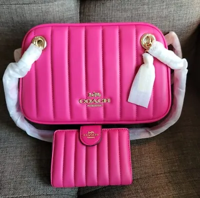 $300 • Buy 💝NWT $678 Coach Cammie Chain Shoulder BAG & WALLET Linear Quilting In BOLD PINK