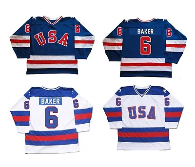 1980 Miracle On Ice Bill Baker #6 USA Hockey Jersey White Blue Stitched Custom • $45