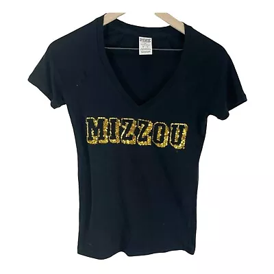 MIZZOU Victorias Secret Pink Gold Sequin Short Sleeved Black V-neck Shirt Sz XS • $8.94