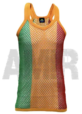 £11.95 • Buy AMIR Red Gold & Green String Vest | Mens Premium Mesh Fishnet RASTA Tank Cotton