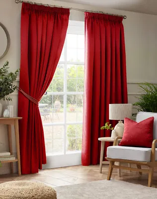 Red Madison Dobby Fabric Squares Lined Tape Top Pencil Pleat Curtains Pair • £41.99