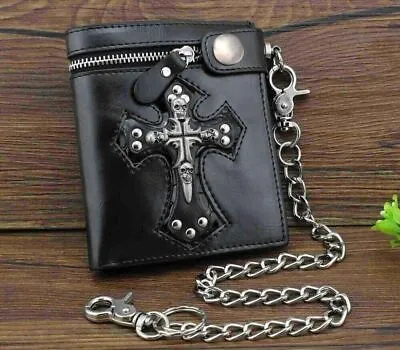 Punk Skulls Cross Money Men's Black Leather Zipper Wallet With A Chain Cool • $16