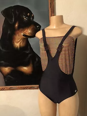 VTG 70s 80s MOI BLACK SUSPENDER LEOTARD BUILT IN BRONZE STRIPED TUBE TOP • $79.99