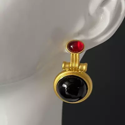 Art Deco Pierced Earrings Red Glass Cabochon Matte Gold Tone Machine Age Kinetic • $6.99