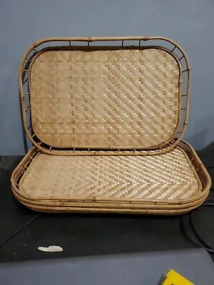 Vintage Rattan Wicker Bamboo Serving Trays Woven Set Of 4  19  × 13  • $20