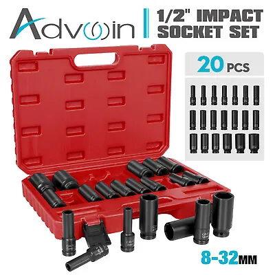 $48.99 • Buy 20pcs Impact Socket Set Metric Garage 1/2 Drive Deep Workshop Tools Kit 8-32MM