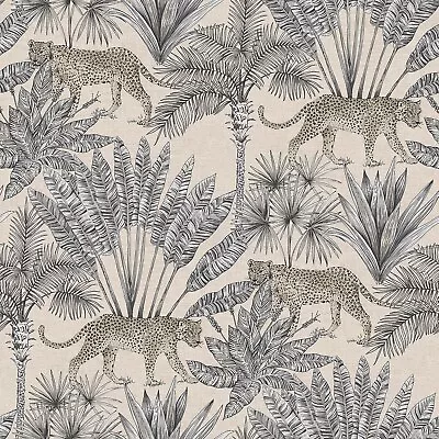 Savanna Jungle Cheetah Wallpaper Palm Leaves Trees Grandeco Blush Pink 163802 • £15