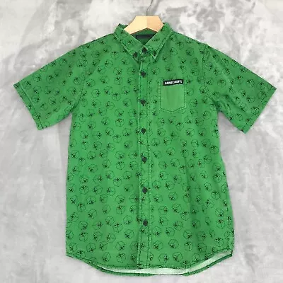 Minecraft Youth Shirt Large Button Up Jinx Green Logo Gamer Cotton Short Sleeve • $12.99