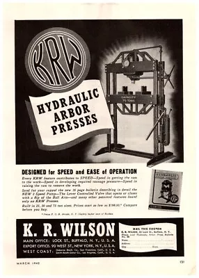 1942 K. R. Wilson Hydraulic Arbor Presses Vintage Print Ad • $14.88