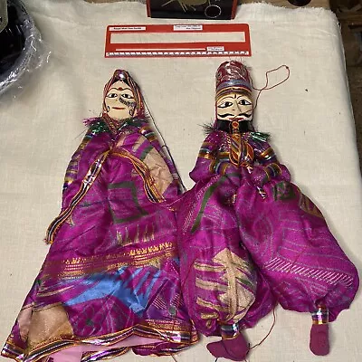 Indian Rajasthani Marionette/Puppet Pair Traditional Handmade Wood/Silk Recycled • £10