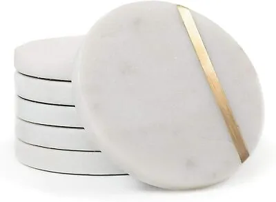 $9.95 • Buy Set Of 6 Modern 4  Wide Cup Drink White Marble Coasters With Gold Brass Inlay