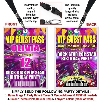 £1.95 • Buy POP ROCK STAR LANYARD VIP Pass, Birthday Party Invitation, Pink, Blue Or Red