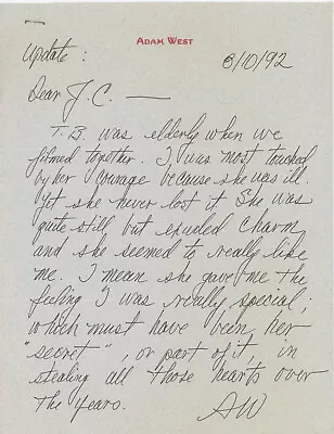 Adam West ~ Signed Letter 1992 ~ Remembering Vincent Price Tallulah Bankhead • $11.99