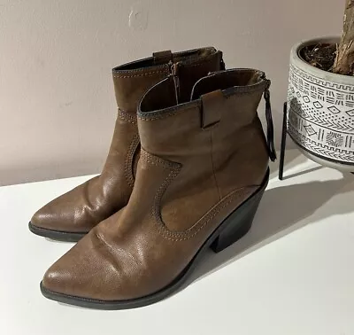 M&S Insolia Tan Ankle Cowboy Boots Size 7 Western Heel Faux Leather Side Zip • £14.99