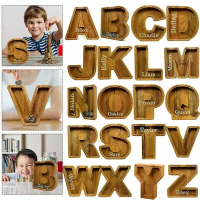 Wooden Piggy Bank Funny Letter/Guitar Coin Saving Money Box Kids Adults Gift • $22.49