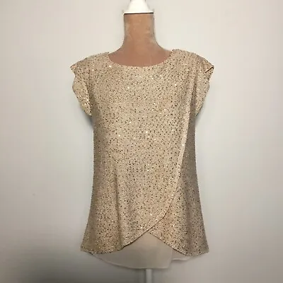 Cream Gold Metallic Cap Sleeve Zara Knit Sweater Cross Front Lined Top S EUC • $24.98