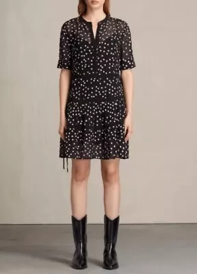 Allsaints Black Stars Dress L M Embroidered Sheer Mini Rock N Roll Designer • $149.95