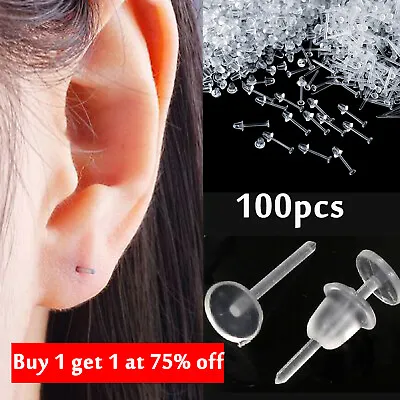 100x Invisible Plastic Earring Pins & Anti-Allergy Rubber Studs Jewellery Retain • £3.09