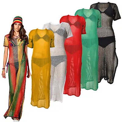 Ladies Rasta 100% Cotton Multicolored Side Slit String Mesh Maxi Dress Free Size • £8.44