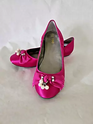 Woman's Shoe Sz 12 Med Ballet Flat Slip-on Satin Fuchsia Bow Pearls Rhinestones • £14.46