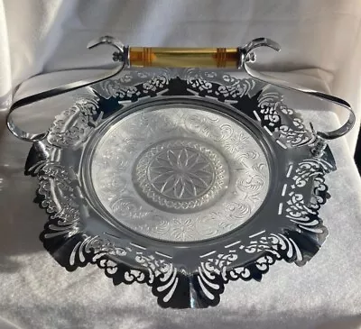 Art Deco KROME KRAFT Farber Bros Cake Plate Westmoreland Glass Bakelite Handle  • $29.99