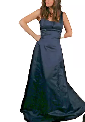 MONIQUE LHUILLIER Navy Maxi Satin Sleeveless Scoop Neck Gown Dress Size 12 $2400 • $295.99