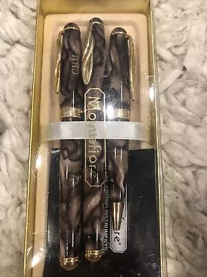 Used MONTEFIORE 2 BallpointPENs 1 Fountain- BROWN MARBLED Set Bundle W/ Box 3 • $15