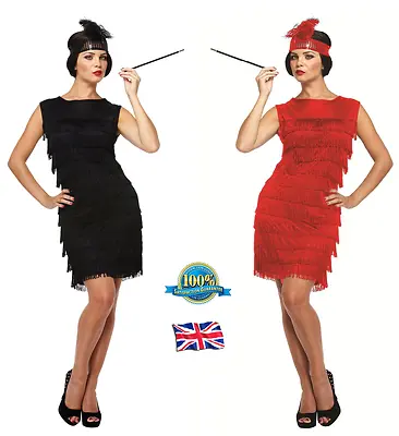 LADIES FLAPPER DRESS Costume Charleston Gatsby Girl Adult Fancy Dress BLACK RED • £11.13