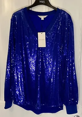 Marks & Spencer Autograph Sequin Embellished V Neck Long Blouse Top Size 16 Blue • £35