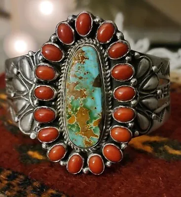 Navajo Leroy James Royston Turquoise Mediterranean Coral Cluster Cuff Bracelet  • $750