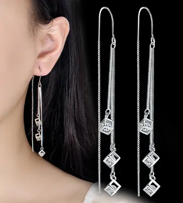 925 Silver Plated Square CZ Ear Chain Thread Pull Through Threader Earrings TH5 • $5.95