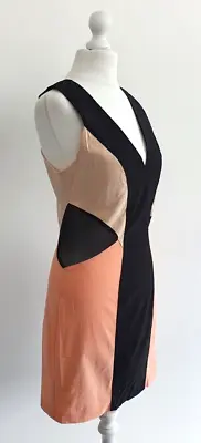 Miss Selfridge Bodycon Colour Block Dress With Mesh Panels 14 Black Peach • £18