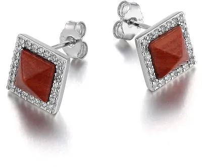 ELLE Jewelry NEFER Sterling Silver Red Jasper Micro Pave CZ Post Earrings • $74.22