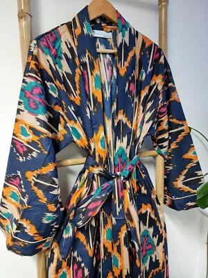 Indian Navy Blue Ikat Women's Clothing Kimono Cotton Bath Robes Maxi Night Gowns • $41.29