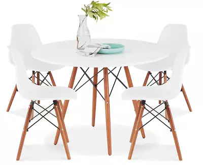 Dining Set Round Table & 4 Chair Mid Century Modern White Breakfast Room 5 Piece • $349.99