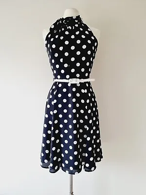 REVIEW Black & White Polka Dot Belted Sleeveless Dress SIZE 10 • $59.50