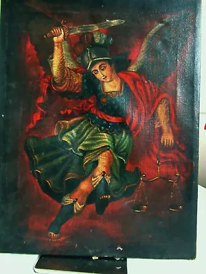 VTG 1940's MEXICAN 16x12 OIL ON CANVAS PAINTING ARCHANGEL SAN MIGUEL/ST. MICHAEL • $149.50