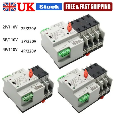 100A Din Rail ATS Automatic Transfer Switch Dual Power 2/3/4P Changeover Switch • £39.11