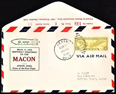 USS MACON Airship Flight Cover Akron Hard Date Mar 11 1934 Hulff Cach 10 Made • $37.50
