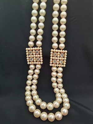 2 Strand Faux Pearl Rhinestone Solder Hand Strung Chunky Vtg Necklace Rhea 30  • $24.99