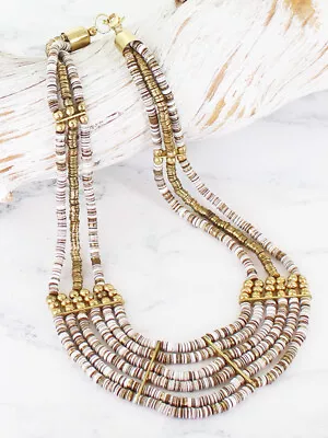 Stylish White Brown Brass Beaded Multi Rows Collar Bib Statement Short Necklace • £4.99