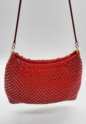 Vintage Metal Mesh Handbag Evening Bag Crossbody Snake Chain Strap 80s Red Disco • $15