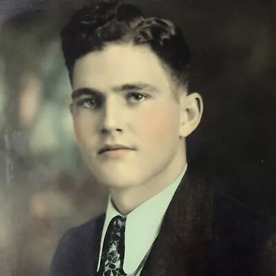 Vintage Color Photo Young Man Suit Tie Portrait Hand Colored Pastels Baby Blue  • $13.39