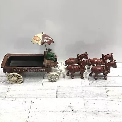 Vintage Cast Iron Horse Drawn Wagon  Cart 4 Horses • $39.99