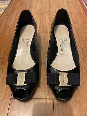 Salvatore Ferragamo Shoes Women Black Patent Leather Ribes 30 3cm Size 5.5 • $180